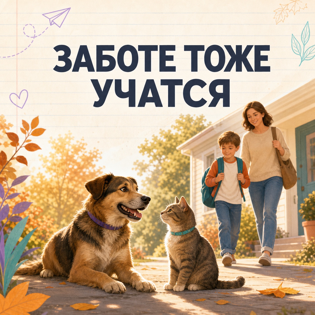 Собака и кошка рядом с семьёй в осенний день под надписью «Заботе тоже учатся»